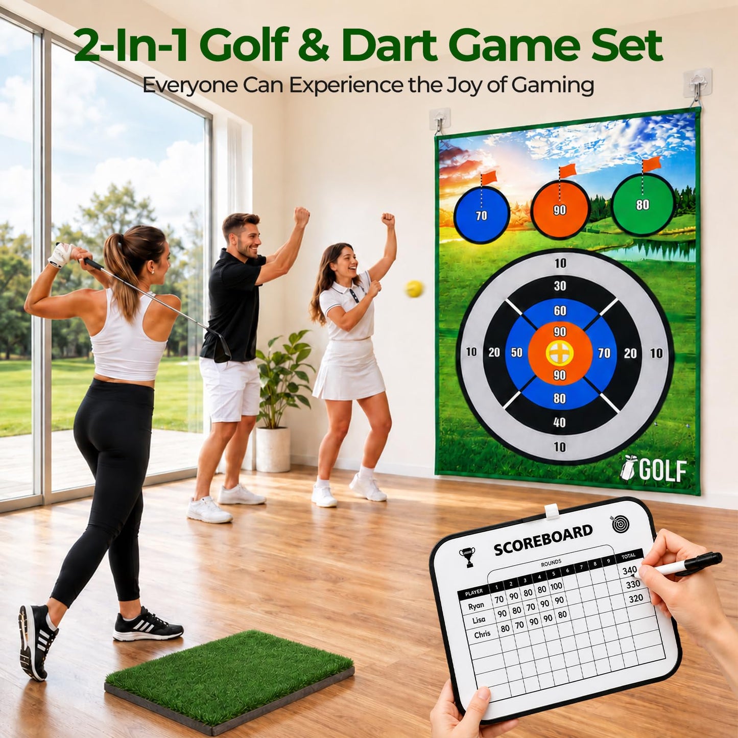 SMOCEN Battle Golf Game Set, Double-Sided Backyard Golf Chipping Game with Golf & Dart Targets, 6×4FT Indoor Golf Mat, Indoor Outdoor Golf Game