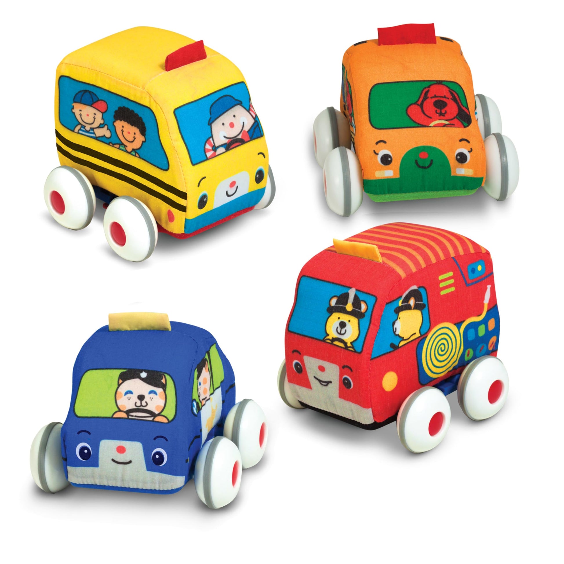 Melissa & Doug K's Kids Pull-Back Town Vehicle Set - Baby Toys Set with 4 Soft Toy Cars and Trucks, Surface Washable with Removable Wheels, Learning