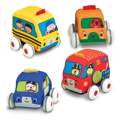 Melissa & Doug K's Kids Pull-Back Town Vehicle Set - Baby Toys Set with 4 Soft Toy Cars and Trucks, Surface Washable with Removable Wheels, Learning