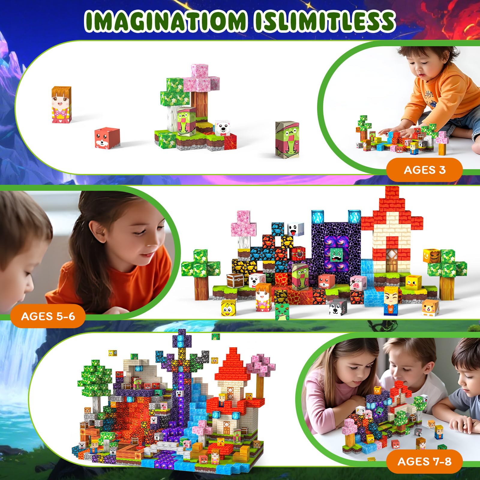 Mzyxxel Magnetic Blocks 150 PCS Magnetic Building Blocks, 3+ STEM Montessori Sensory Toys, Magnetic Cube for for 3 4 5 6 7 8 9 10 11 12 8-12 Years Old