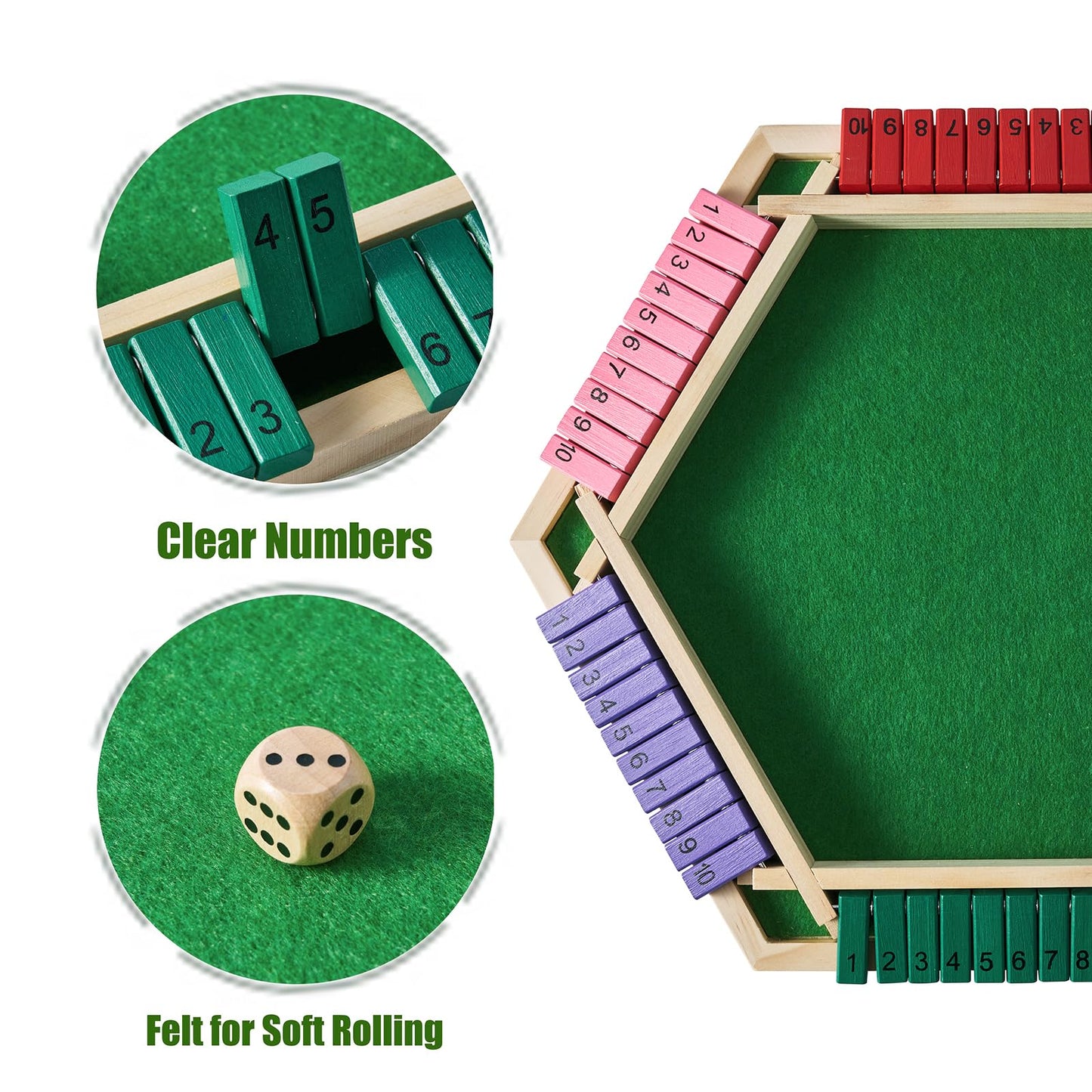 Vamslove Shut The Box Game for 6 Player with 12+4 Dice - Colorful 6 Sided Wooden Board Math Number Games for Kids Adults Families Party Club