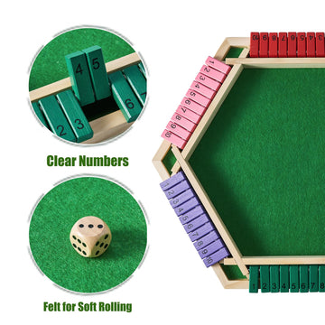 Vamslove Shut The Box Game for 6 Player with 12+4 Dice - Colorful 6 Sided Wooden Board Math Number Games for Kids Adults Families Party Club