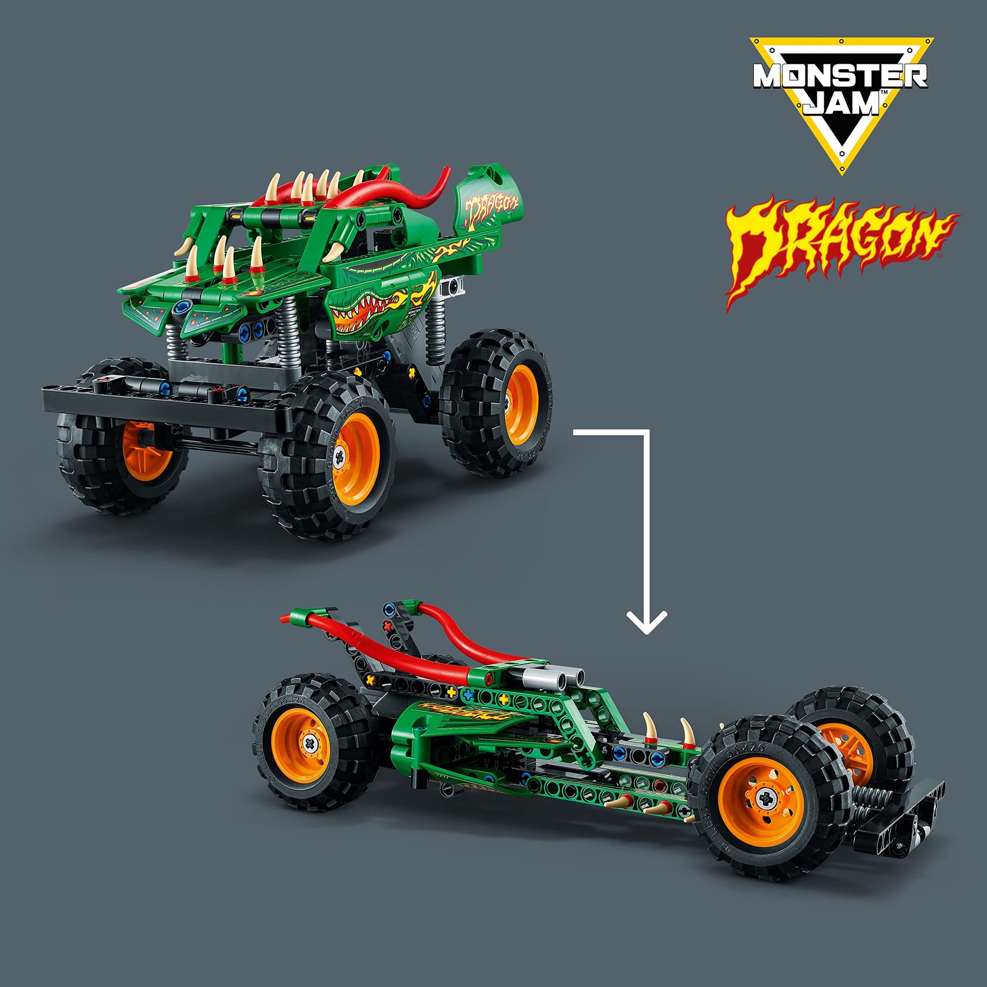 LEGO Technic Monster Jam Dragon Monster Truck Toy for Boys and Girls, 2in1 Racing Pull Back Car Toys for Off Road Stunts, Kids Birthday Gift Idea