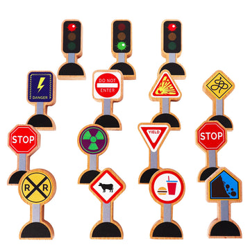 15 Pieces - Wooden Traffic Signs For Kids - Zany Street Signs for Play Mats, Toy Trains and Cars - Wooden Street Signs Road Signs - Educational