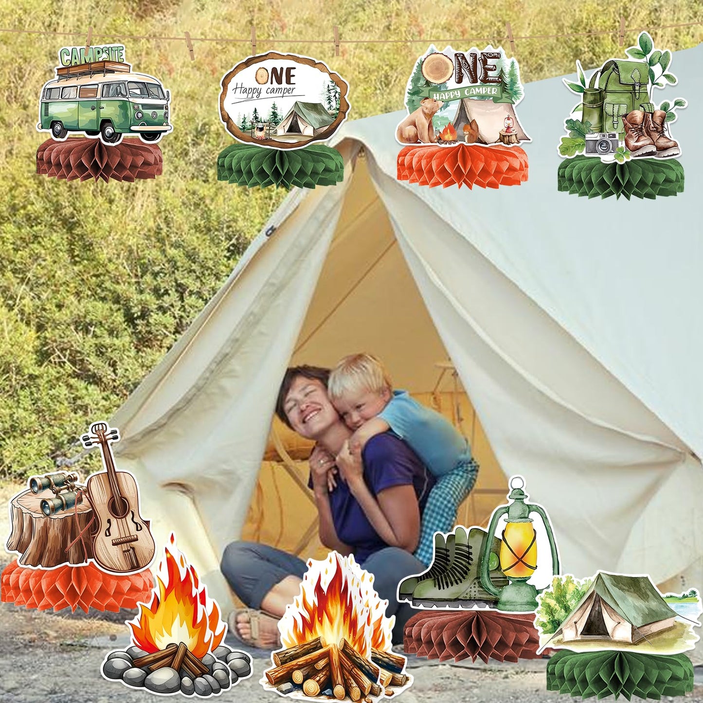 9 PCS Camping Honeycomb Centerpieces with Fake Campfire, Camping Table Decorations, Camping Decorations, Camping Themed Party Decorations, Camping