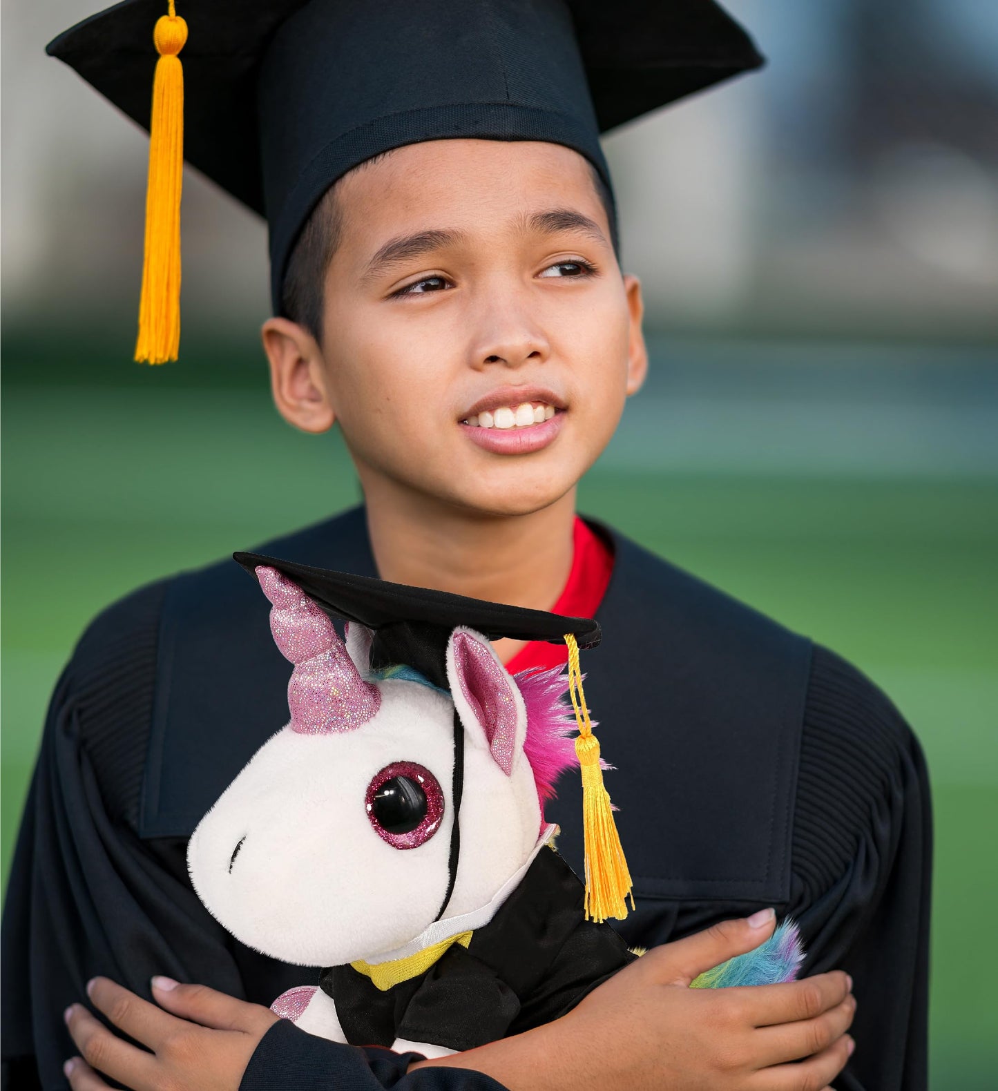 DolliBu Sparkle Eyes White Unicorn Graduation Plush Toy - Super Soft Graduation Stuffed Animal Dress Up Gown and Cap with Tassel with Personalization