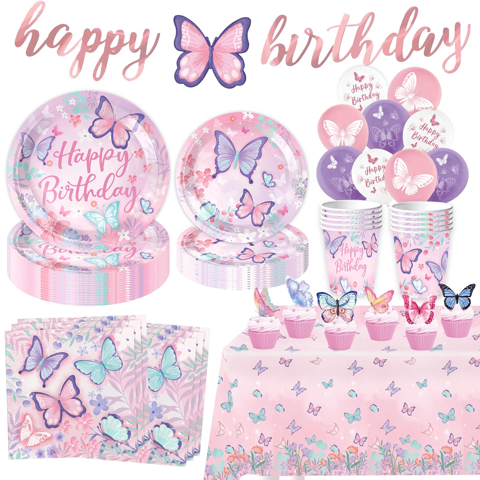BOLAKE Butterfly Birthday Party Supplies Decorations Tableware Set Serves 25 Butterfly Disposable Paper Plates Napkins, Cups, Cake Toppers Tablecloth