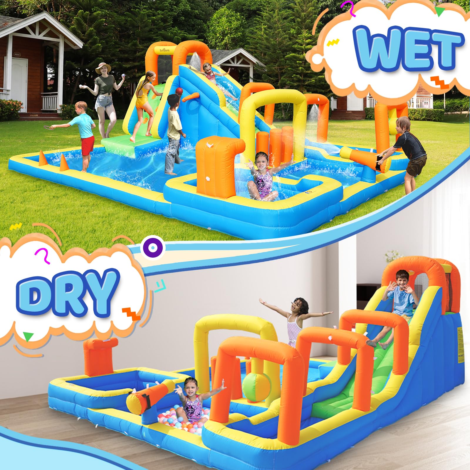 Inflatable Bounce House with Water Slide, Kids Bouncy Castle for Backyard, Outdoor Water Park, Bouncy House Party Fun, Inflatable Slide and Pool Ages