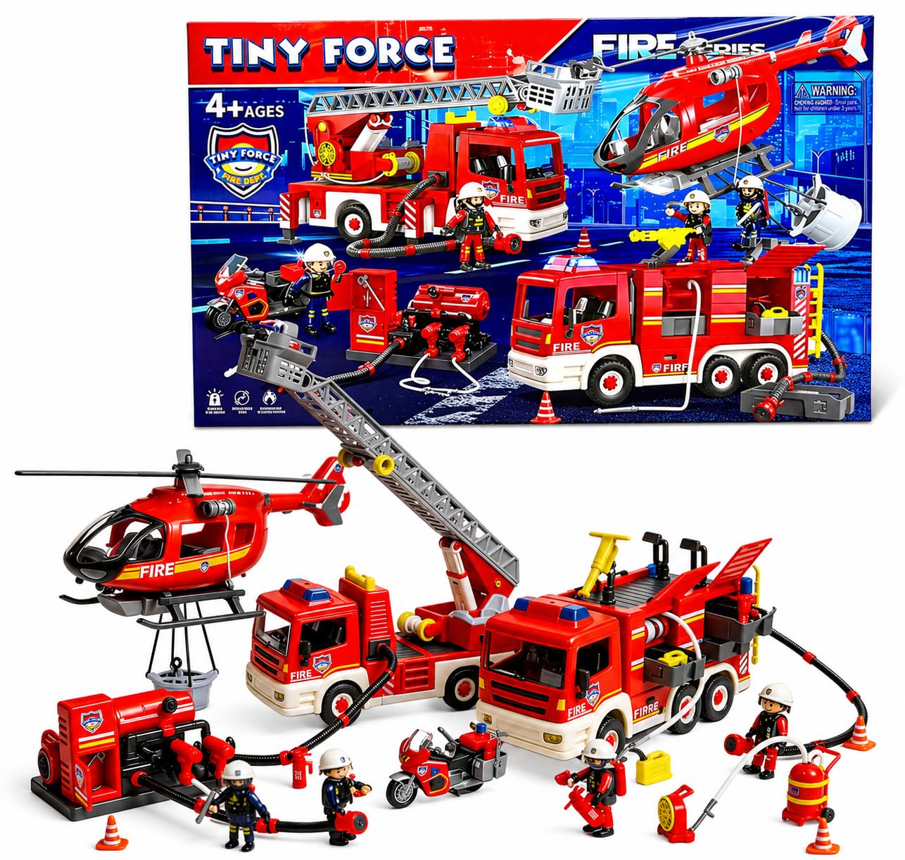 Tiny Force Fire Rescue Set - Fire Truck with Ladder, Toy Helicopter, Motorcycle & Fire Water Pump, Emergency Pretend Play Toys for Kids & Toddlers