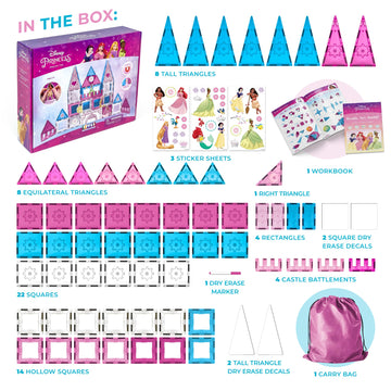 Tytan Official Disney Princess Magnetic Tile Castle - 70-Piece STEAM Toy with Vibrant Tiles, Reusable Disney Princess Stickers, Dry-Erase Decals