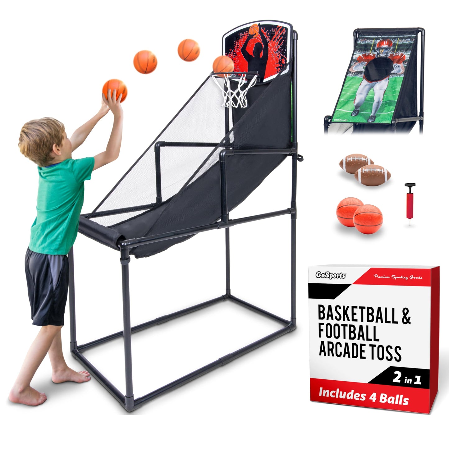 GoSports 2 in 1 Basketball and Football Toss Arcade Game for Kids Ages 3 to 8 Indoor and Outdoor Sports Toy with Hoop, Target, Balls & Pump