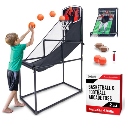 GoSports 2 in 1 Basketball and Football Toss Arcade Game for Kids Ages 3 to 8 Indoor and Outdoor Sports Toy with Hoop, Target, Balls & Pump