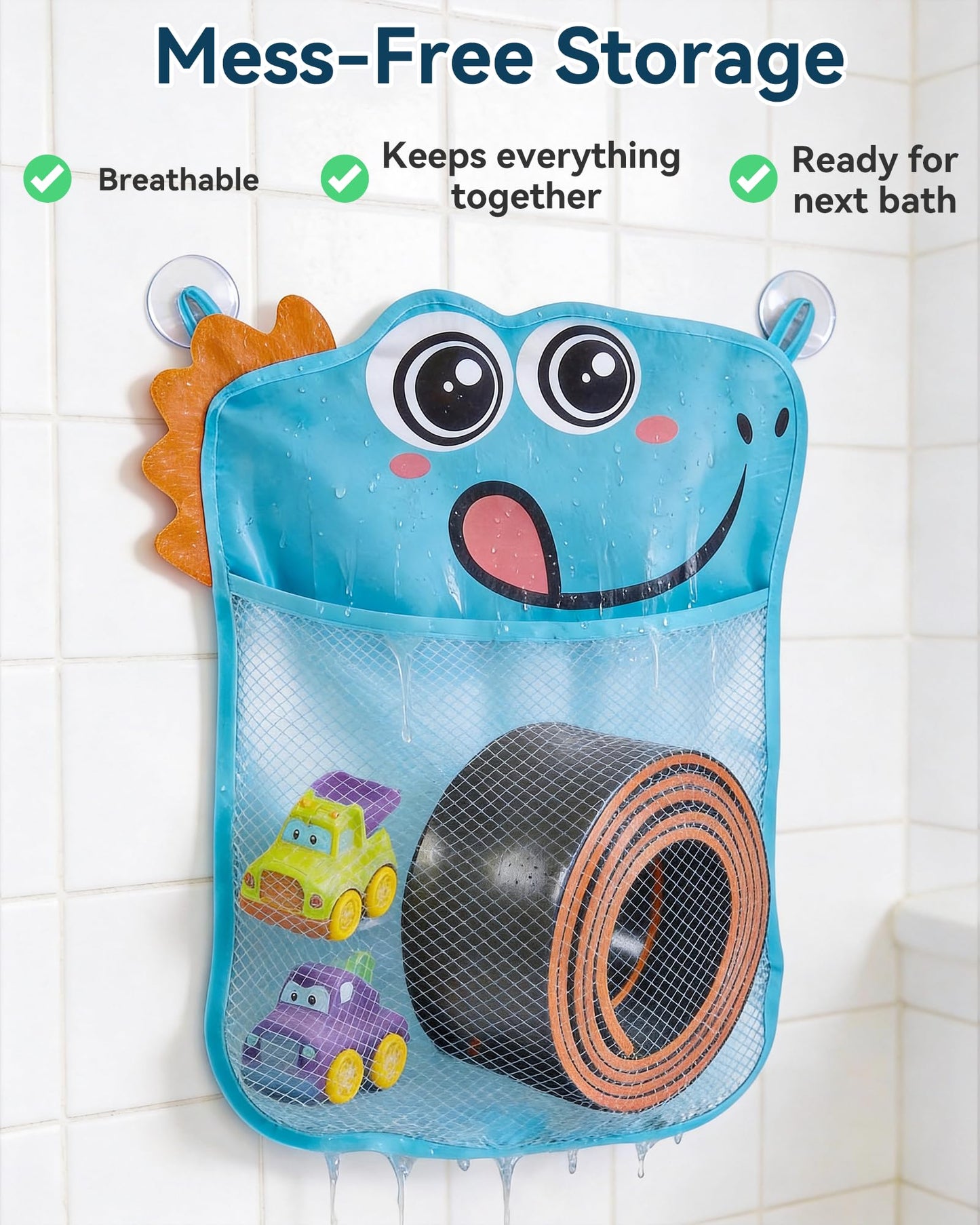 Race Car Bath Toy Set for Toddlers 3+ - 1.5m Flexible Bathtub Track with 2 Ways to Mount, Includes 2 Waterproof Cars + Blue Dinosaur Mesh Storage Bag
