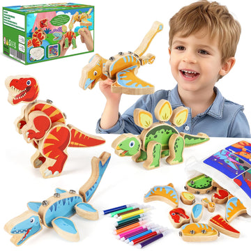 GLEEHAPY Dinosaur Wooden Toys,Snap on Dino Together Building Blocks,Take Apart Playset, STEM Montessori Educational Fine Motor Skill Learning Birthday