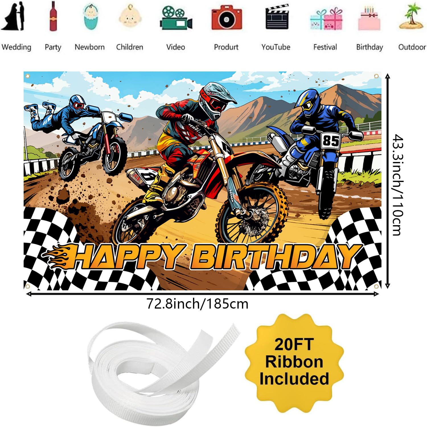 Dirt Bike Birthday Decorations, Dirt Bike Happy Birthday Banner Backdrop, Motocross Theme Backdrop Banner Party Supplies Decorations