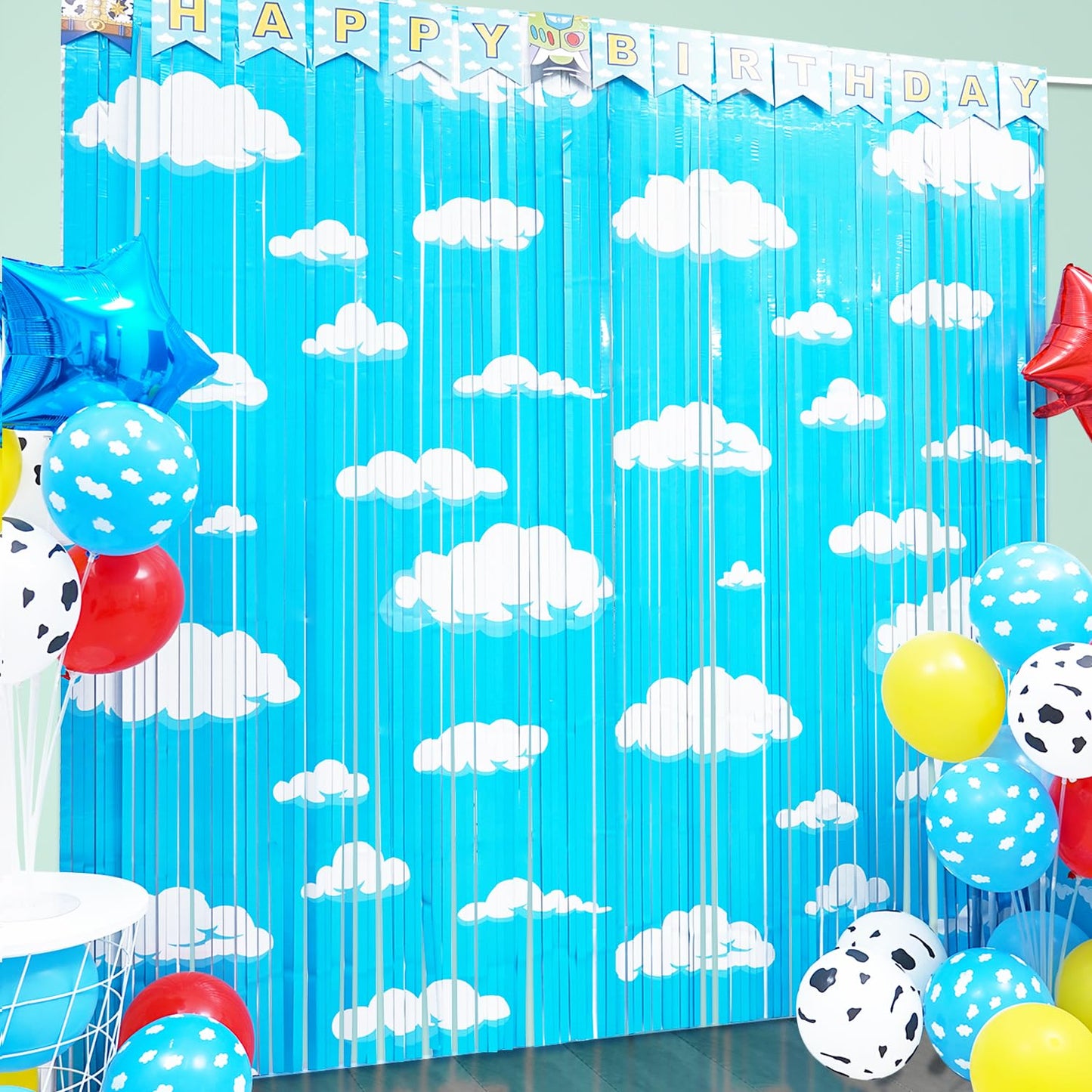 Cartoon Toy Inspired Story Birthday Party Decoration, 2 Pack Story Party Photo Booth Prop, Blue Sky White Cloud Fringe Curtains Tinsel Photo Streamers