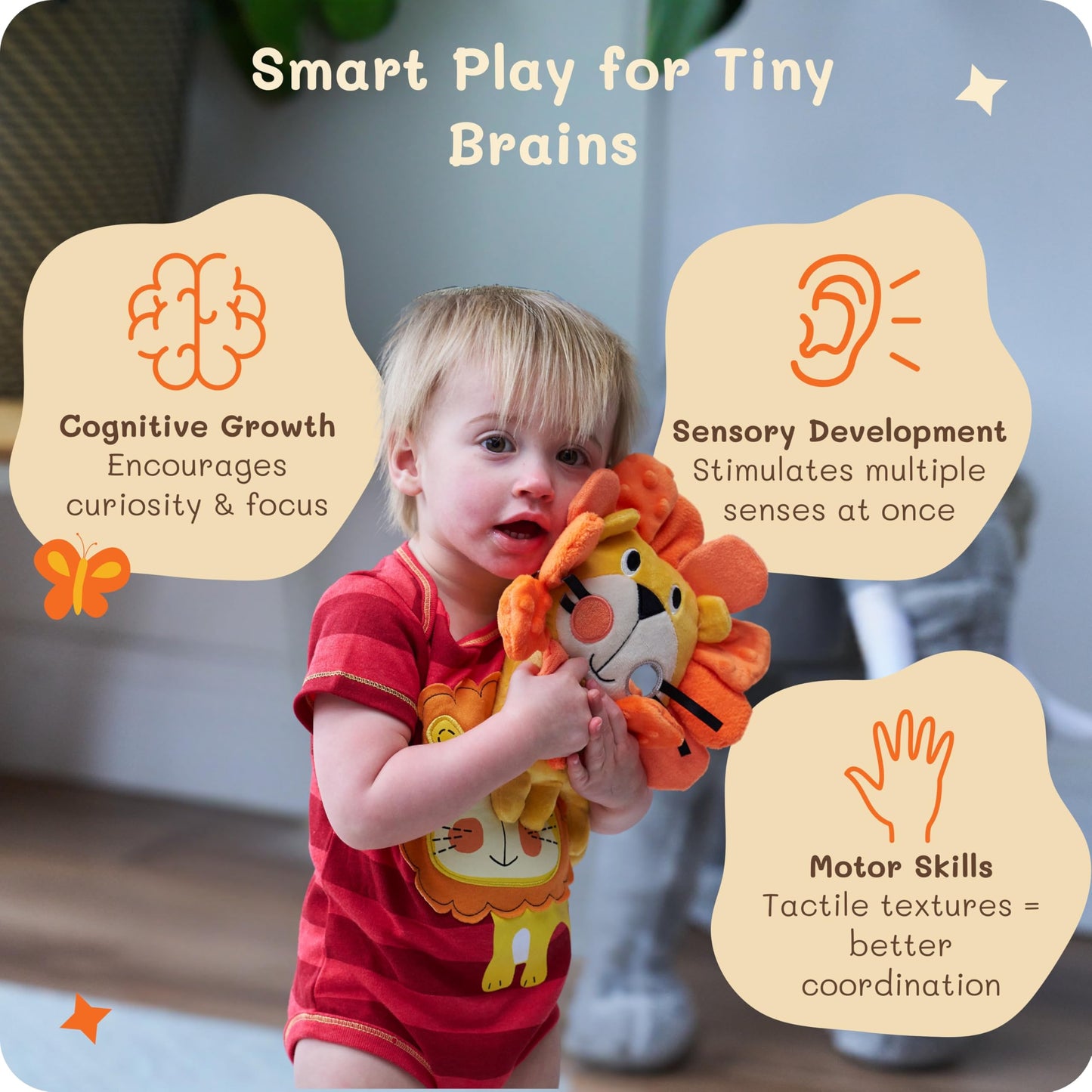 Funstuff Roary the Lion Crinkle Toy for Baby - Sensory Tummy Time Toys - Plush Stuffed Animal with Teething Toy Chew Ring