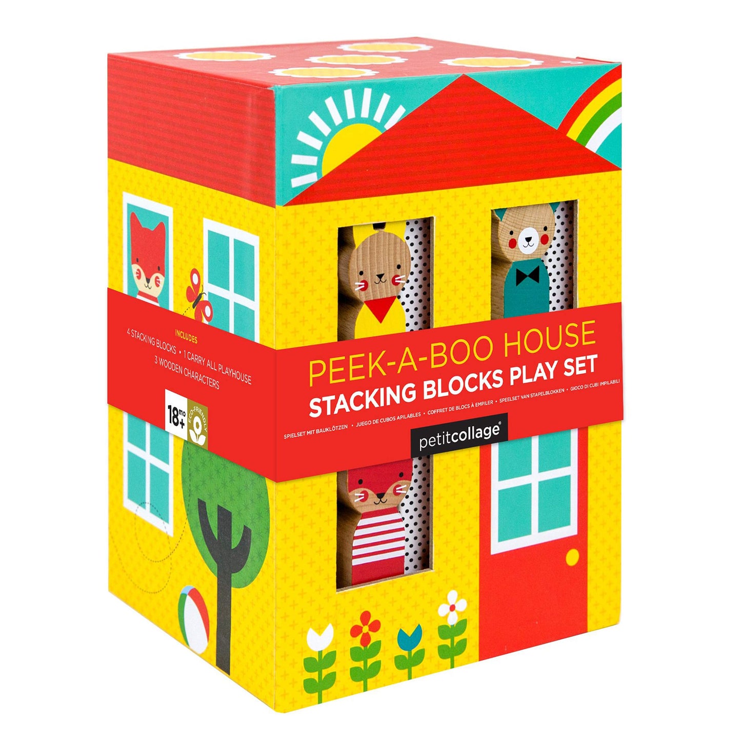 Petit Collage Peek-A-Boo Nesting and Stacking Blocks Playset, Includes 4 Stacking Boxes and 3 Wooden Characters - Easy Storage and Cute Illustrations