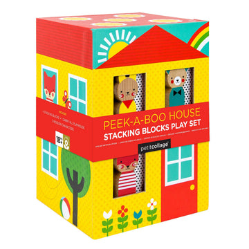Petit Collage Peek-A-Boo Nesting and Stacking Blocks Playset, Includes 4 Stacking Boxes and 3 Wooden Characters - Easy Storage and Cute Illustrations
