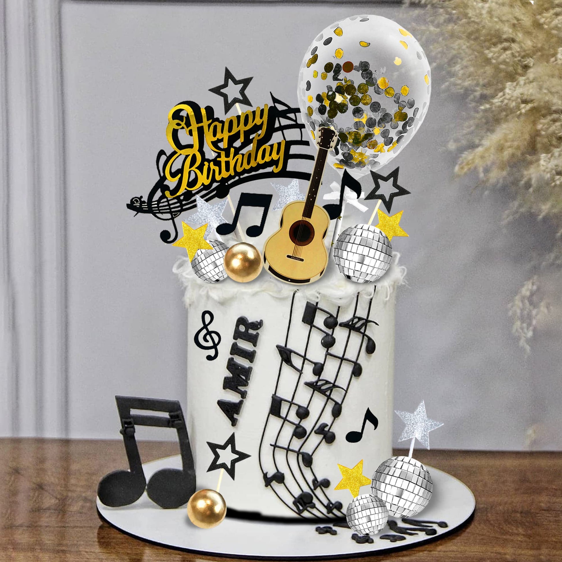 31 PCS Guitar Cake Toppers Music Notes Balls Cake Decorations for Musician Rock Theme Birthday Supplies (Black)