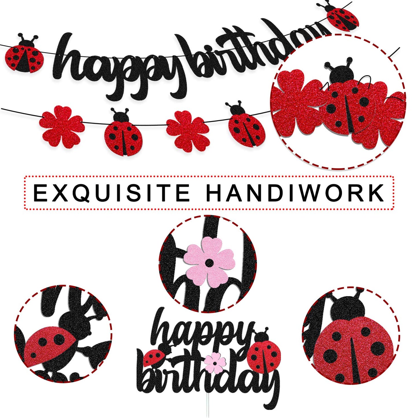 Ohiviaaa Ladybug Birthday Decorations Ladybird Happy Birthday Banner Ladybeetle Cake Topper Black Red Latex Balloon Pom Pom Flowers for Ladybug Theme