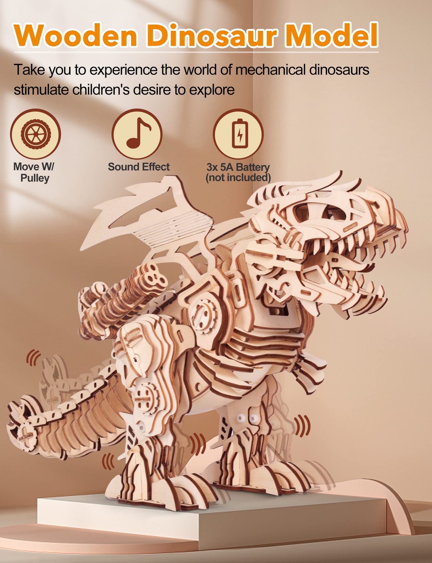 MIEBELY 3D Wooden Puzzles for Adults - T-Rex Dinosaur Model Kits can Walk and Roar, Mechanical Dinosaur STEM Toys for Boys Kids Ages 8-10-12-14, 3-D