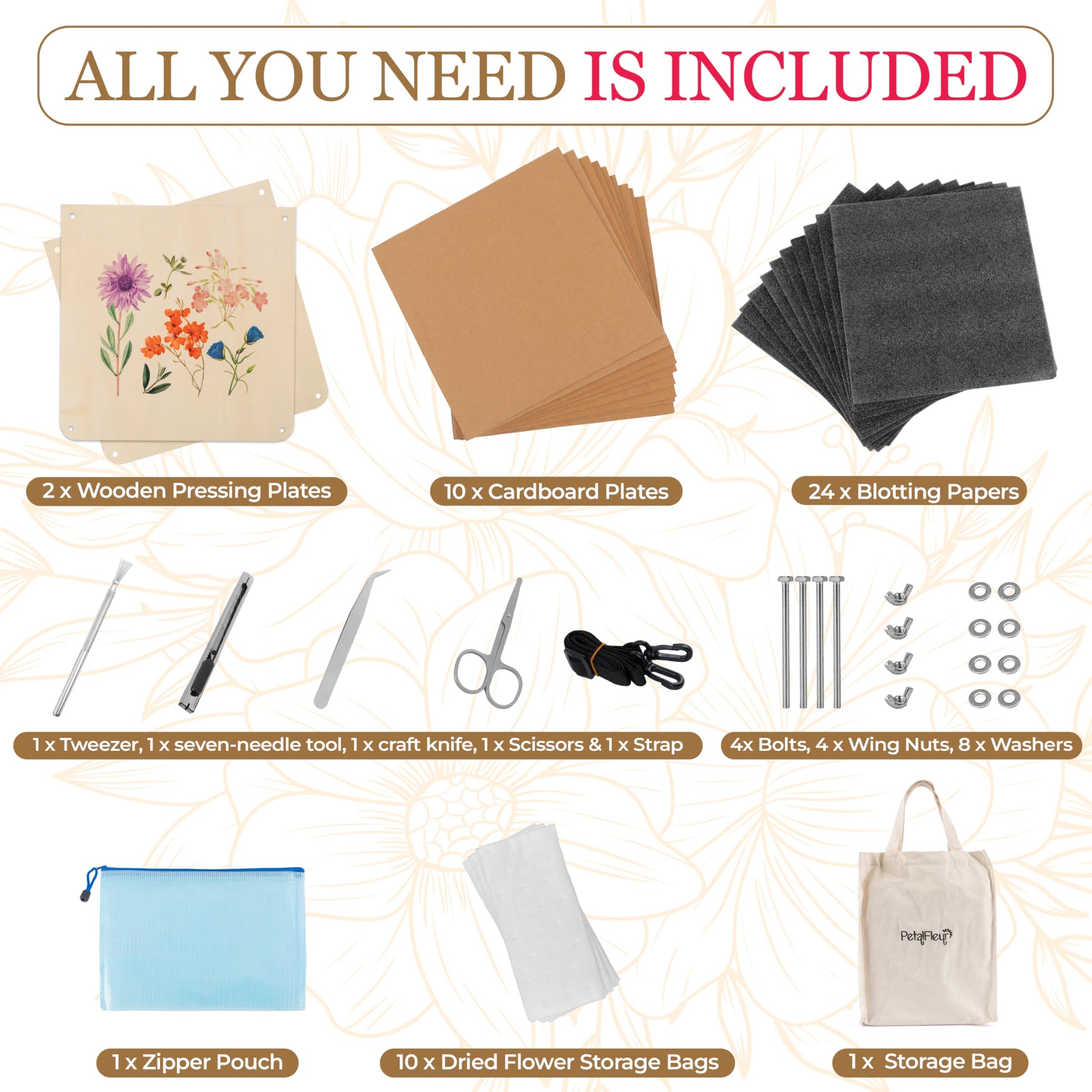 PetalFleur Flower Press Kit for DIY Crafting | Complete Set with Scissors, Utility Knife, Storage Bag, Cardboard & Foam Pads | Perfect for Nature