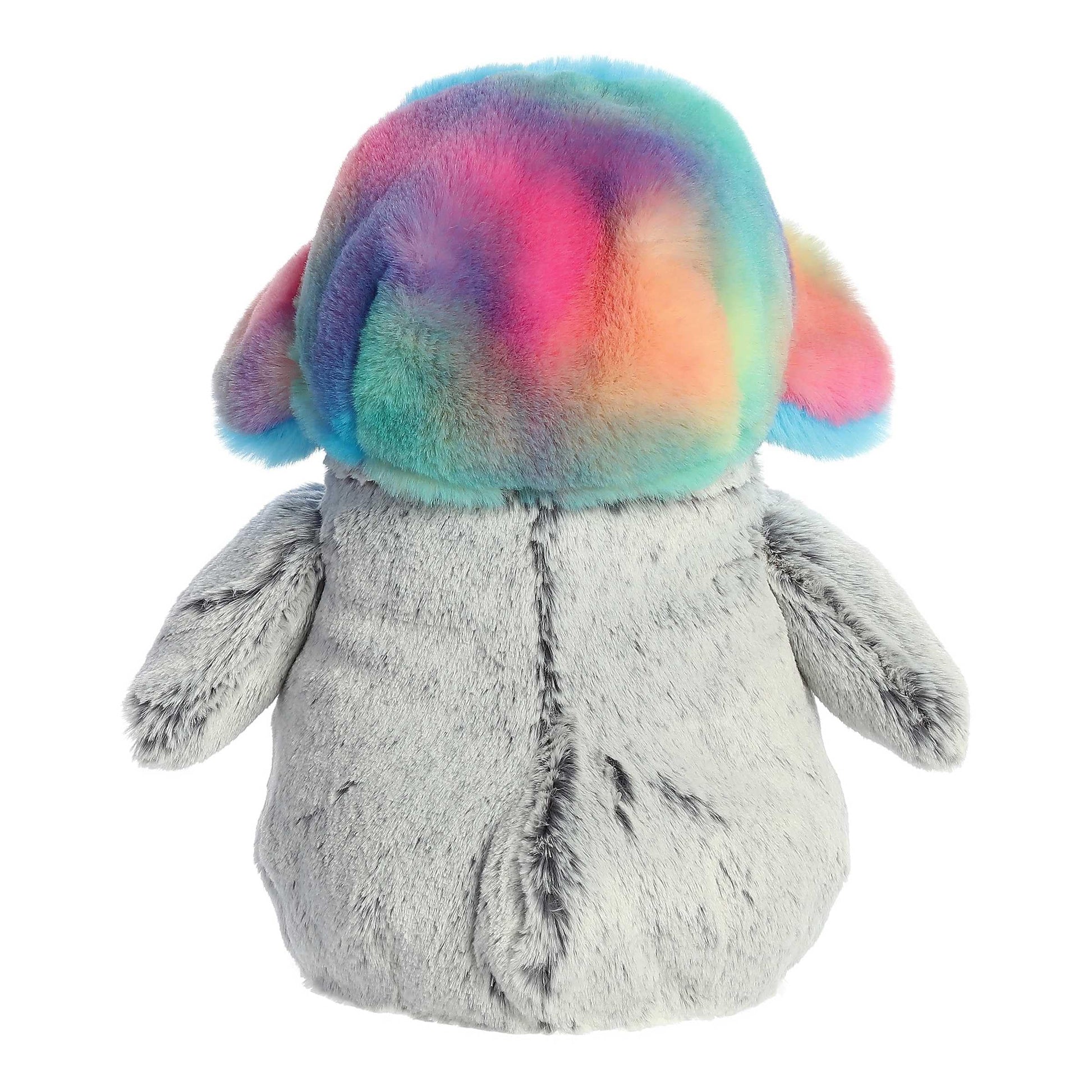 Aurora Festive Pompom Penguin Pom Pom Rainbow Trapper Stuffed Animal - Vibrant Companions - Endless Fun - Gray 9 Inches