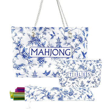 CTHMTMXS Blue and White Mahjong Bag Set for Tiles and Racks, 3 Piece 16 oz Canvas American Mahjong Carrying Bag with Zipper Tile Bag and Drawstring