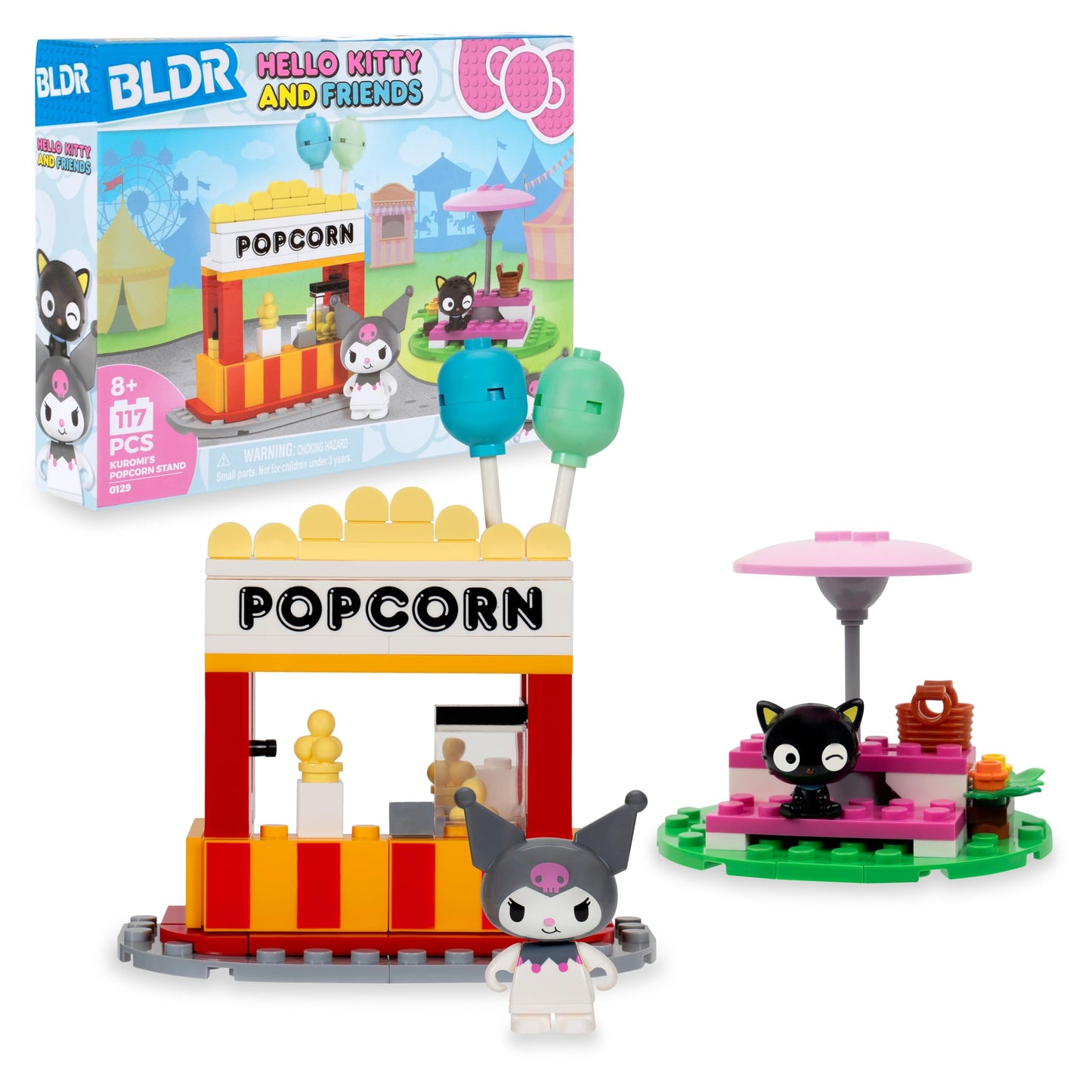 BLDR Hello Kitty and Friends Kuromi’s Popcorn Stand Building Set - Kuromi & Chococat Poseable Minifigures - Gifts for Kids & Sanrio Fans Ages 8+, 0129