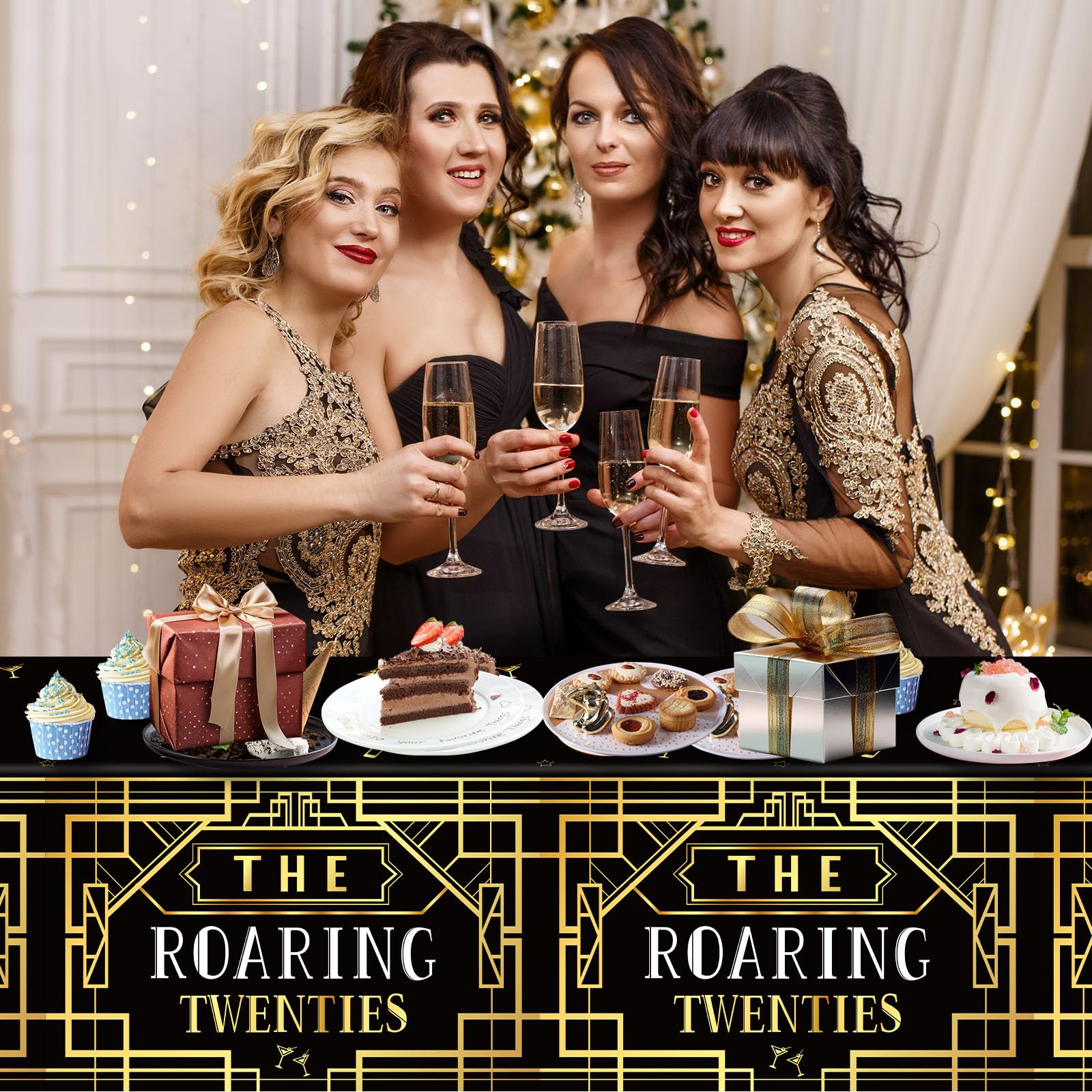 Roaring 1920s Party Plastic Tablecloths - Black & Gold Speakeasy Vintage Flapper Wedding Party Supplies (1 Pack Disposable Table Cover)