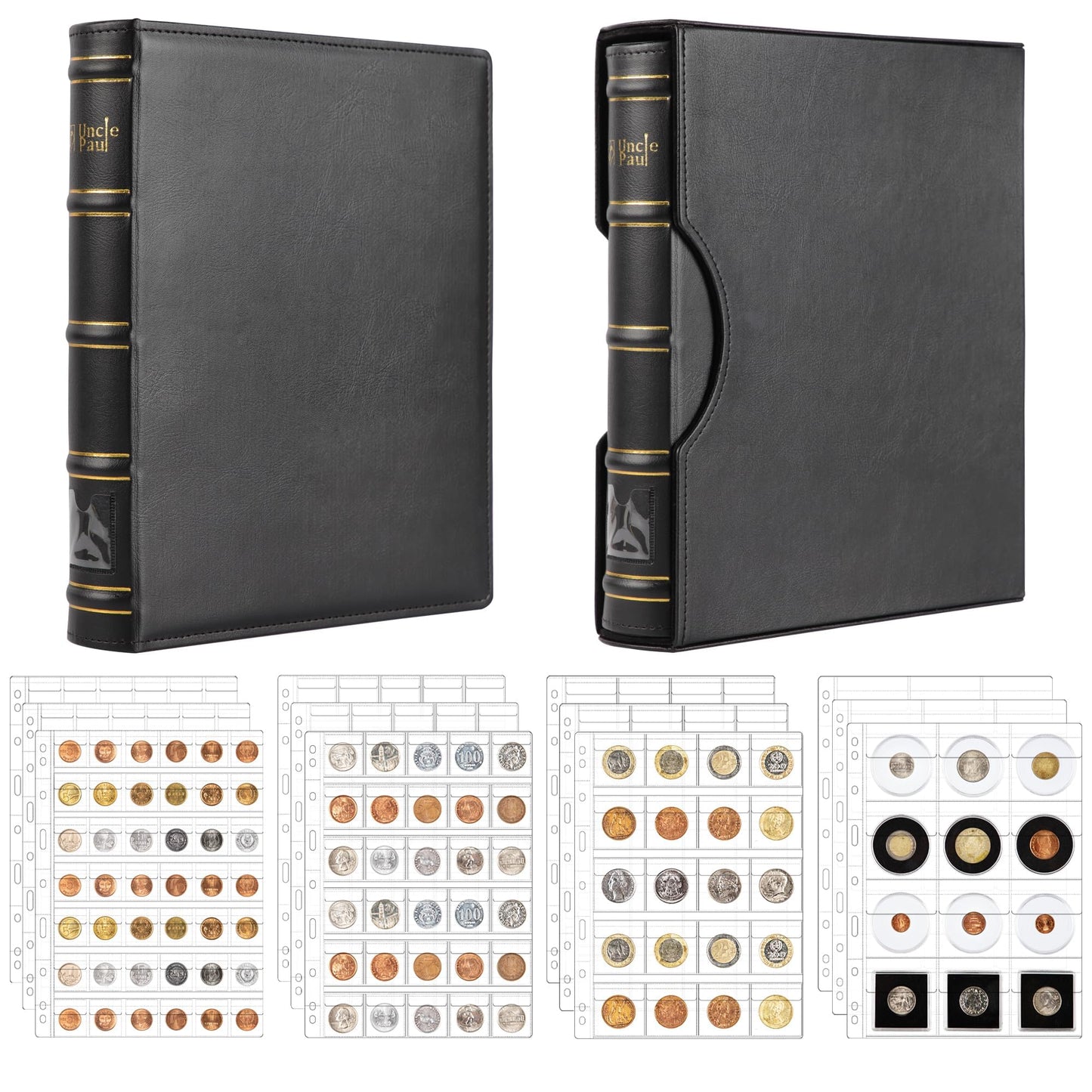Uncle Paul Leather Binder with Coin Pocket Pages Set - Assorted 4 Sizes Pages, 12Pcs Coin Pocket Inserts Collecting Sleeves for Global Travel, All in