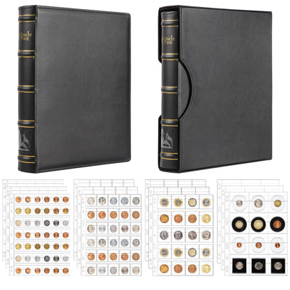 Uncle Paul Leather Binder with Coin Pocket Pages Set - Assorted 4 Sizes Pages, 12Pcs Coin Pocket Inserts Collecting Sleeves for Global Travel, All in
