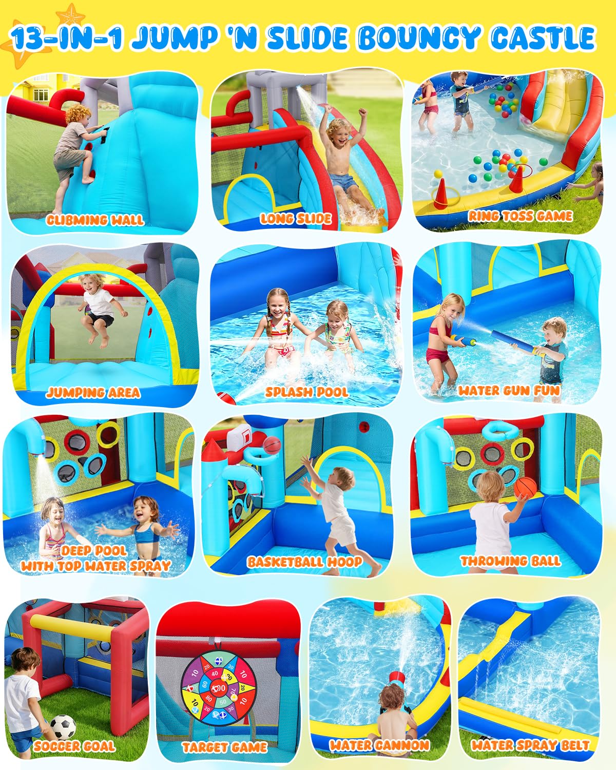 13-in-1 Water Slide Bounce House for Kids Backyard, 15x14.3x8.5FT Sport Waterpark with Deep Pool/Shower Head/Ball Holes/Soccer Goal/Basketball