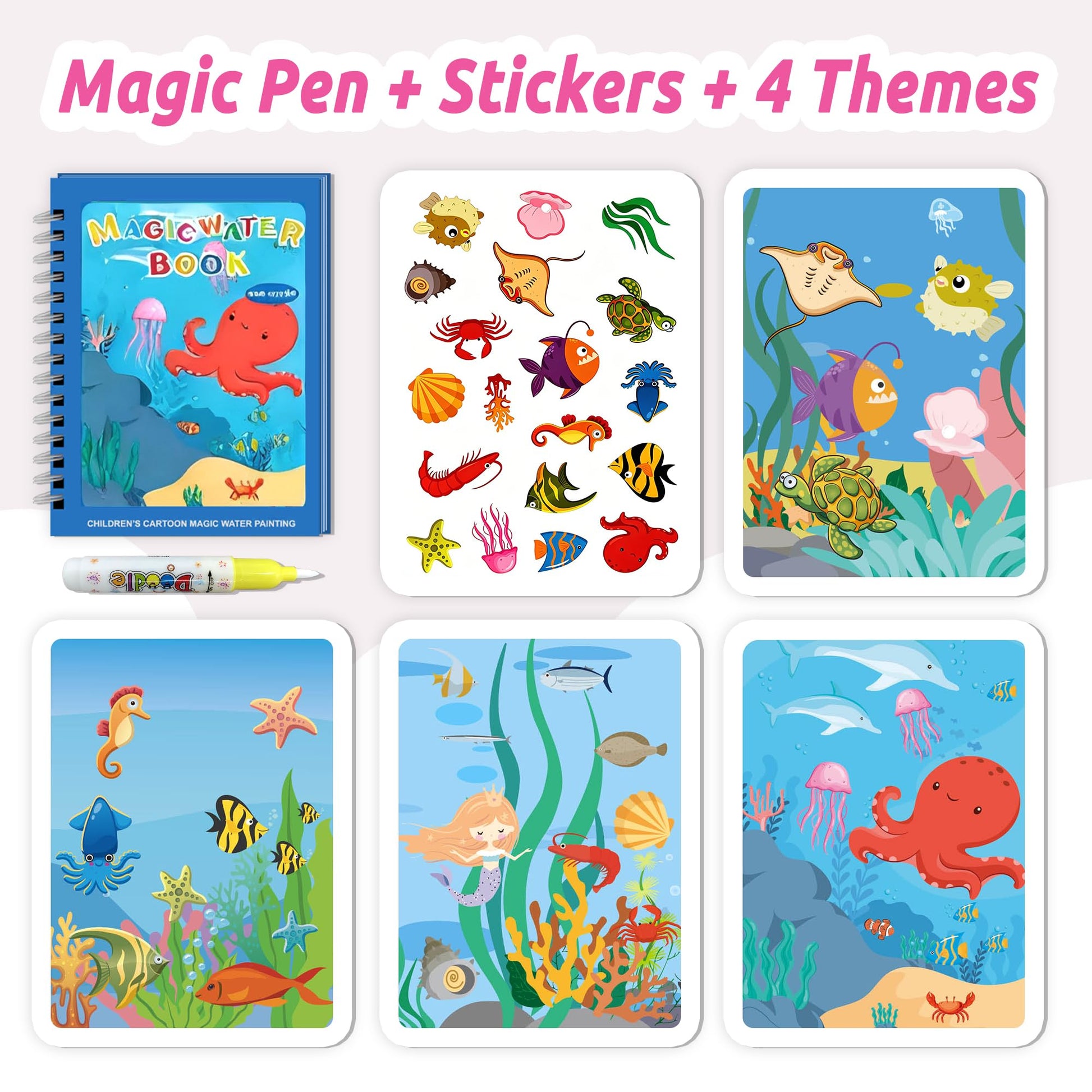 Reusable Paint With Water Books for Kids with 18+ Stickers & No Mess Pen, Sea World Theme Magic Coloring Book for Toddlers 1-3, Paint With Water Books