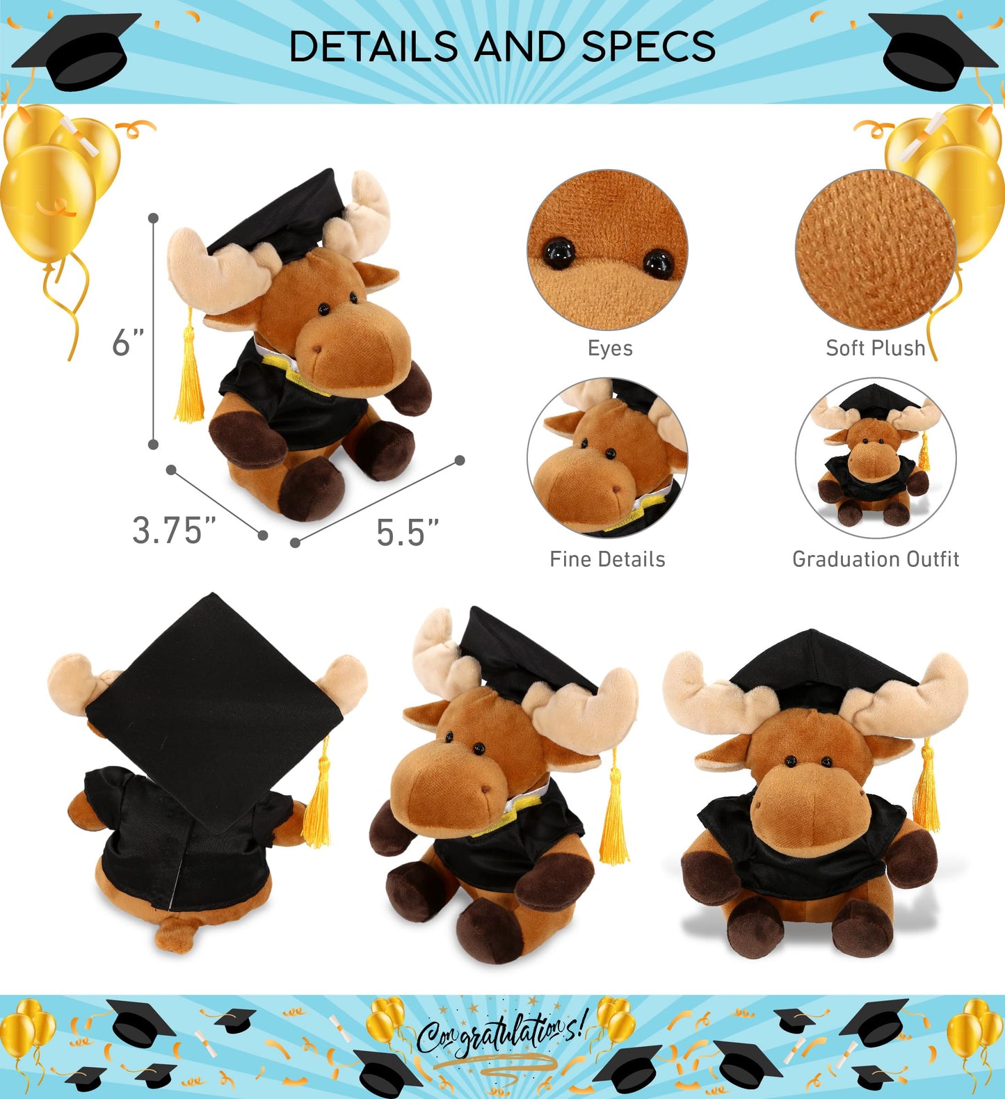 DolliBu Moose Graduation Plush Toy - Soft Huggable Graduation Stuffed Animal Dress Up with Gown and Cap with Tassel Outfit with Personalization - 6