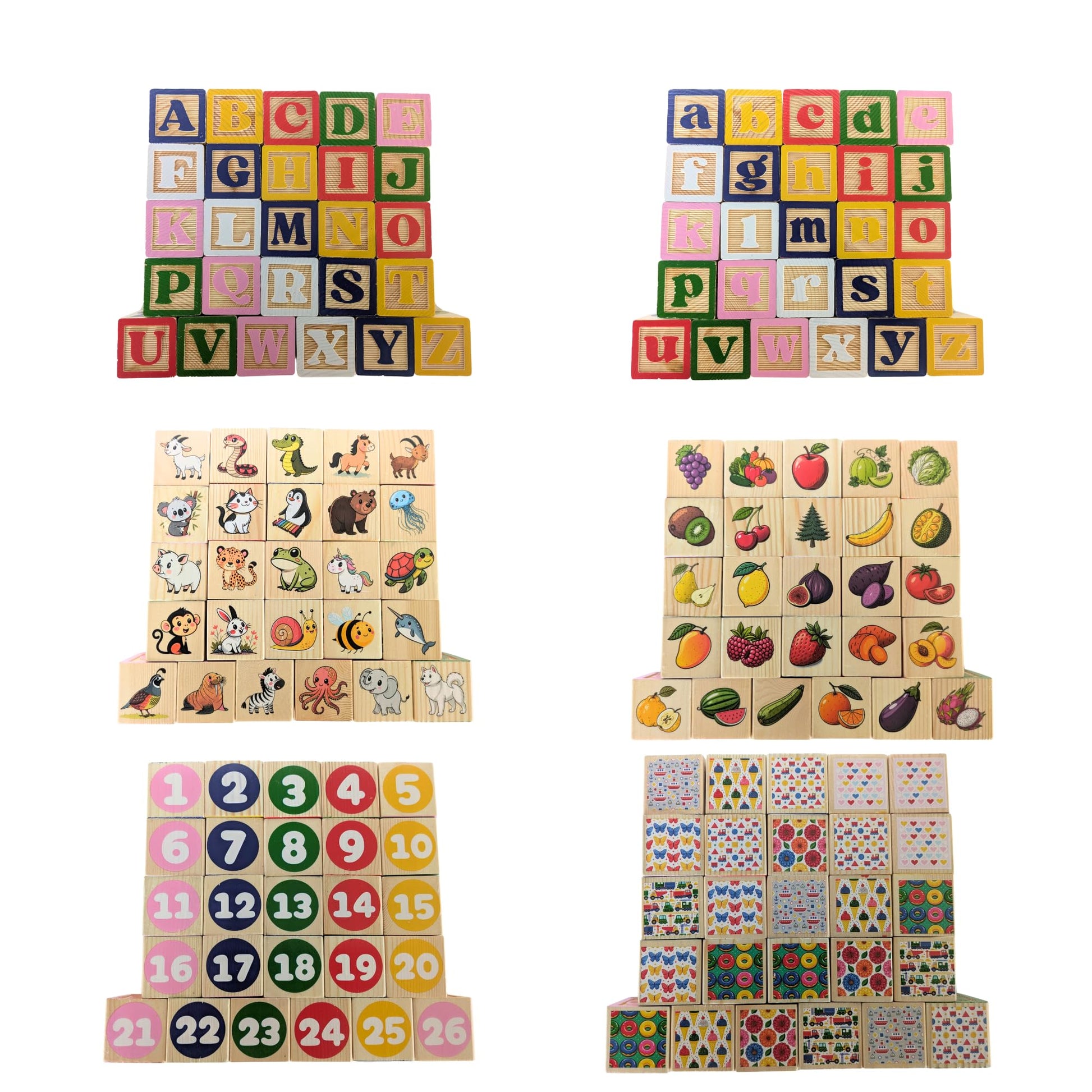Tot Dojo ABC-123 Pine Wood Educational Blocks Set, 26 Pieces - Alphabet, Numbers, Animals, Fruits & Patterns for Toddlers
