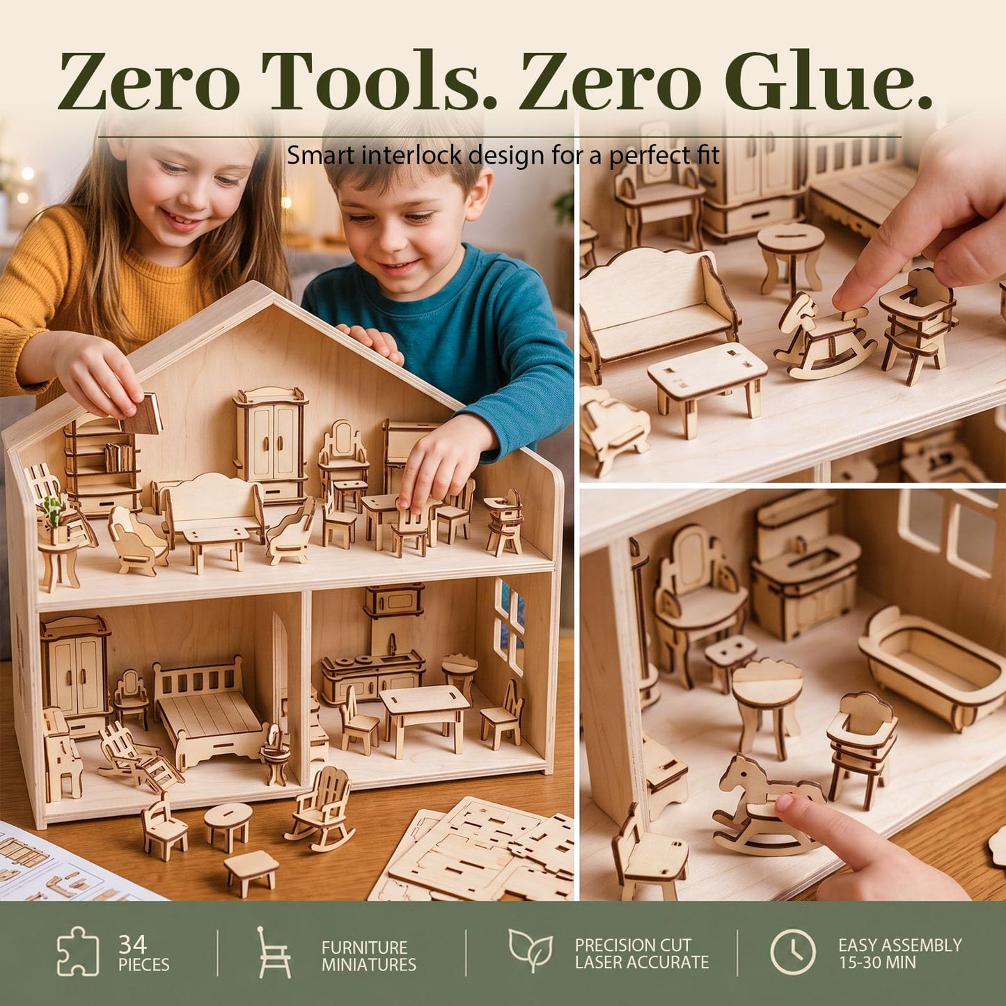 LOVEINUSA 34 PCS DIY Wooden Dollhouse Furniture Set, 1:20 Scale Miniature Room Accessories for Kitchen Living Room Bathroom for DIY Crafts Project