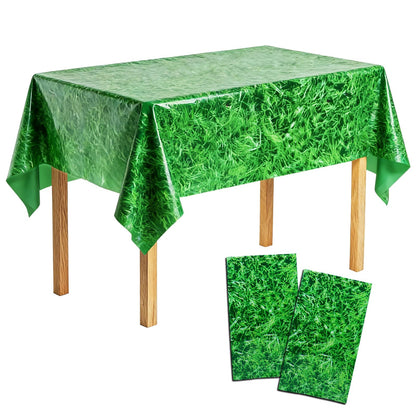 2 Pack Green Grass Tablecloth 54 x 108 Inch, Plastic Disposable Grass Table Cover for Golf Soccer Football Sports Themed Party, Summer Jungle Safari