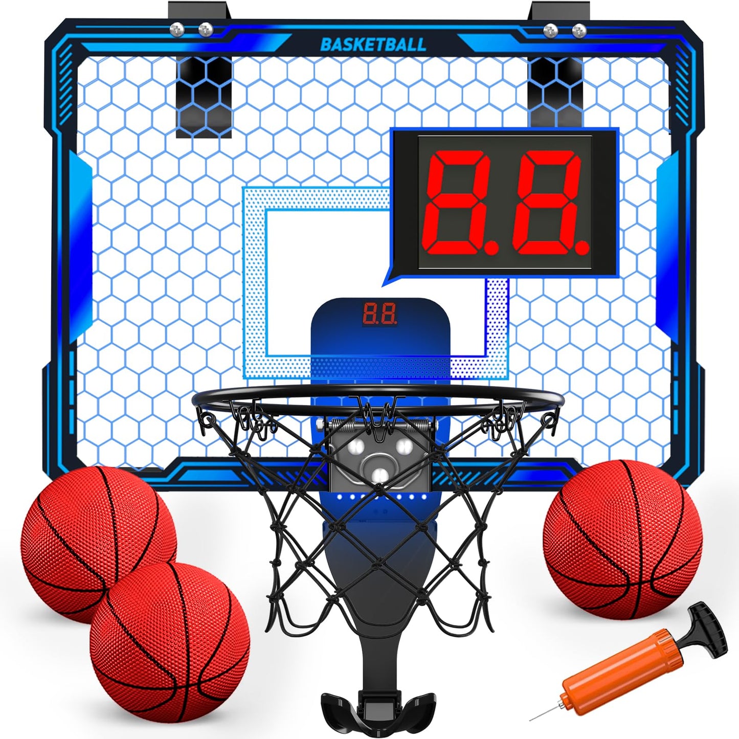 HYES Mini Basketball Hoop Indoor with 7 LED Lighting/Scoreboard, Blue