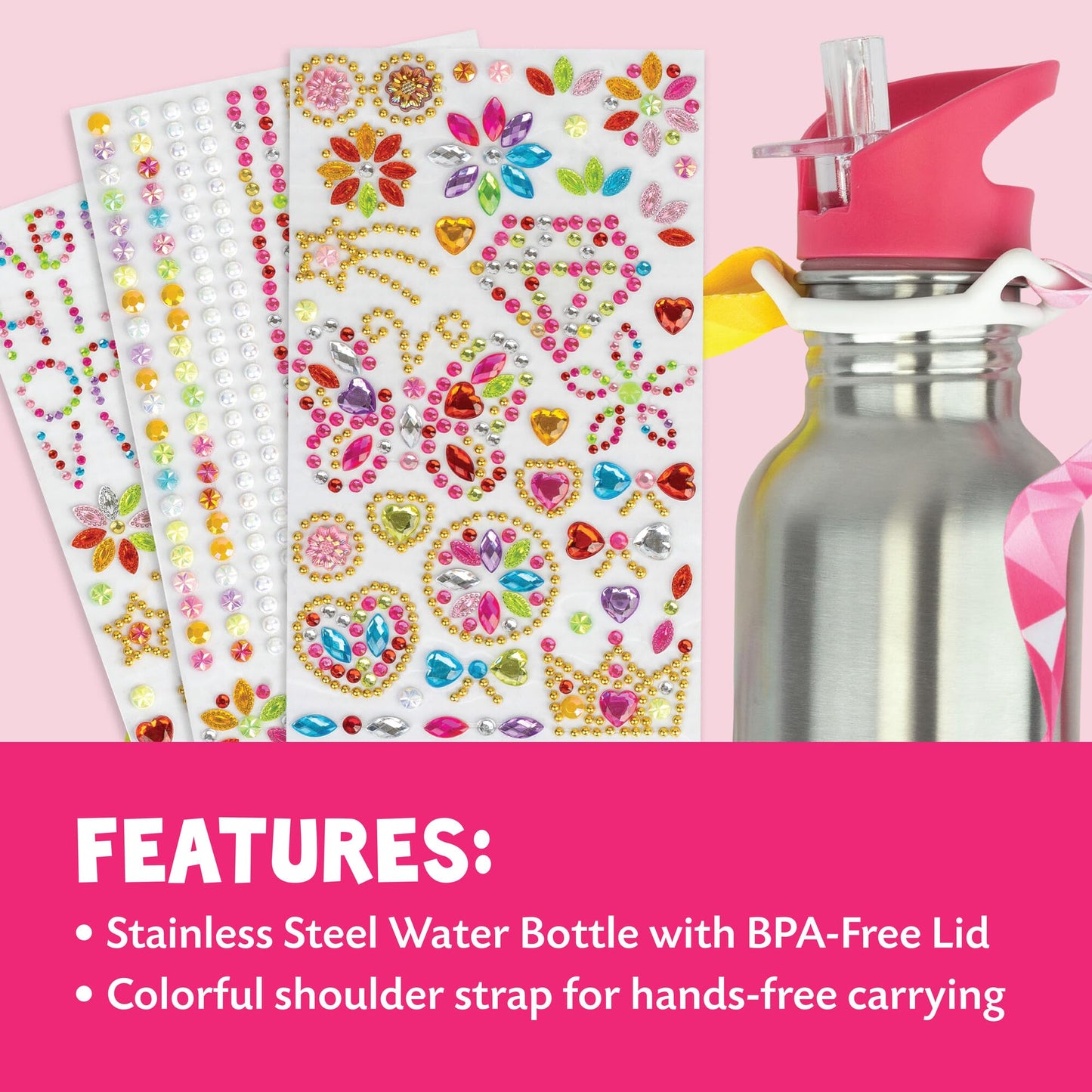 MindWare Cute & Custom Gem Water Bottle Decorating Kit, DIY Craft Activity with Stainless Steel Bottle and Gem Stickers, Creative Personalization Toy