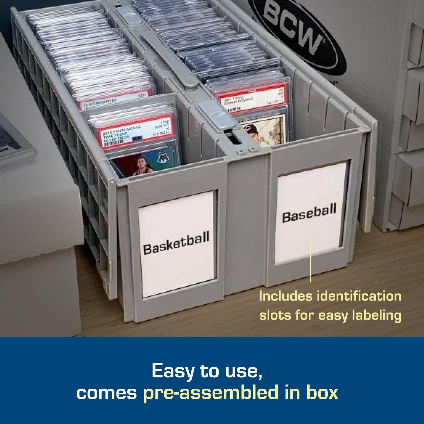 BCW 2-Row Graded Card Storage Box - Gray | Stackable PSA Slab Case with Lid & Handle | Compatible with PSA, BGS, SGC, CSG, HGA | Includes Card Bin