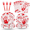 100 Pieces Halloween Bloody Party Tableware Set - Disposable Plates, Napkins, and Red Forks with Blood Handprint and Splatter Design for Halloween