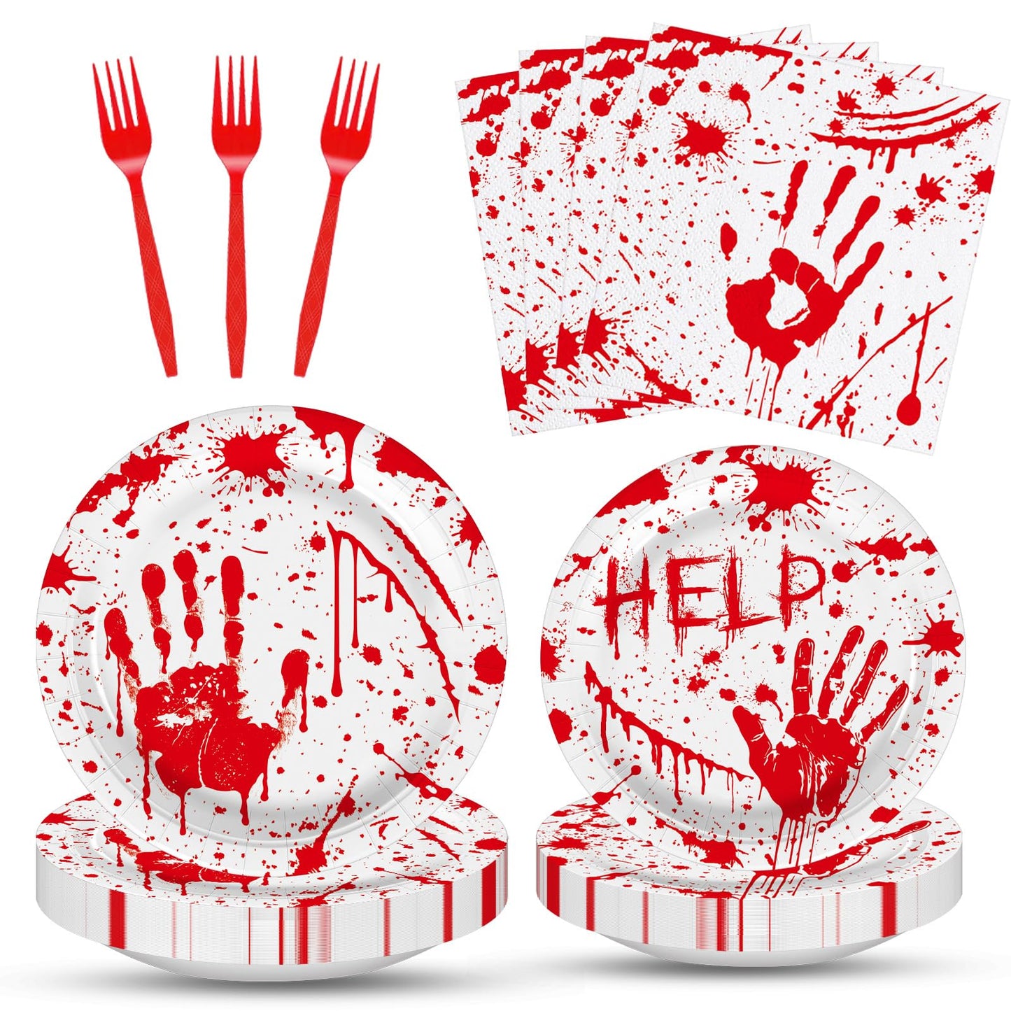 100 Pieces Halloween Bloody Party Tableware Set - Disposable Plates, Napkins, and Red Forks with Blood Handprint and Splatter Design for Halloween