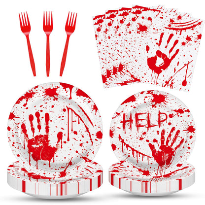 100 Pieces Halloween Bloody Party Tableware Set - Disposable Plates, Napkins, and Red Forks with Blood Handprint and Splatter Design for Halloween