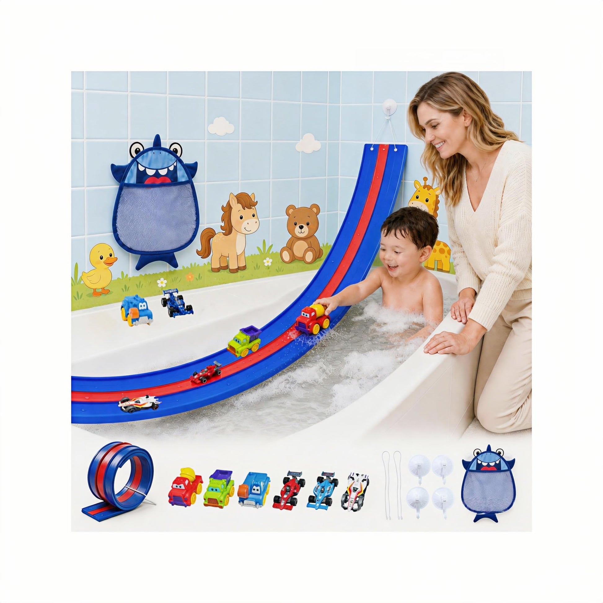 Race Car Bath Toys, 14-Piece 59-Inch Flexible EVA 3-Lane Bathtub Track Set, CPC-Certified with 6 Toy Cars, Industrial-Strength Suction Cups & Mesh