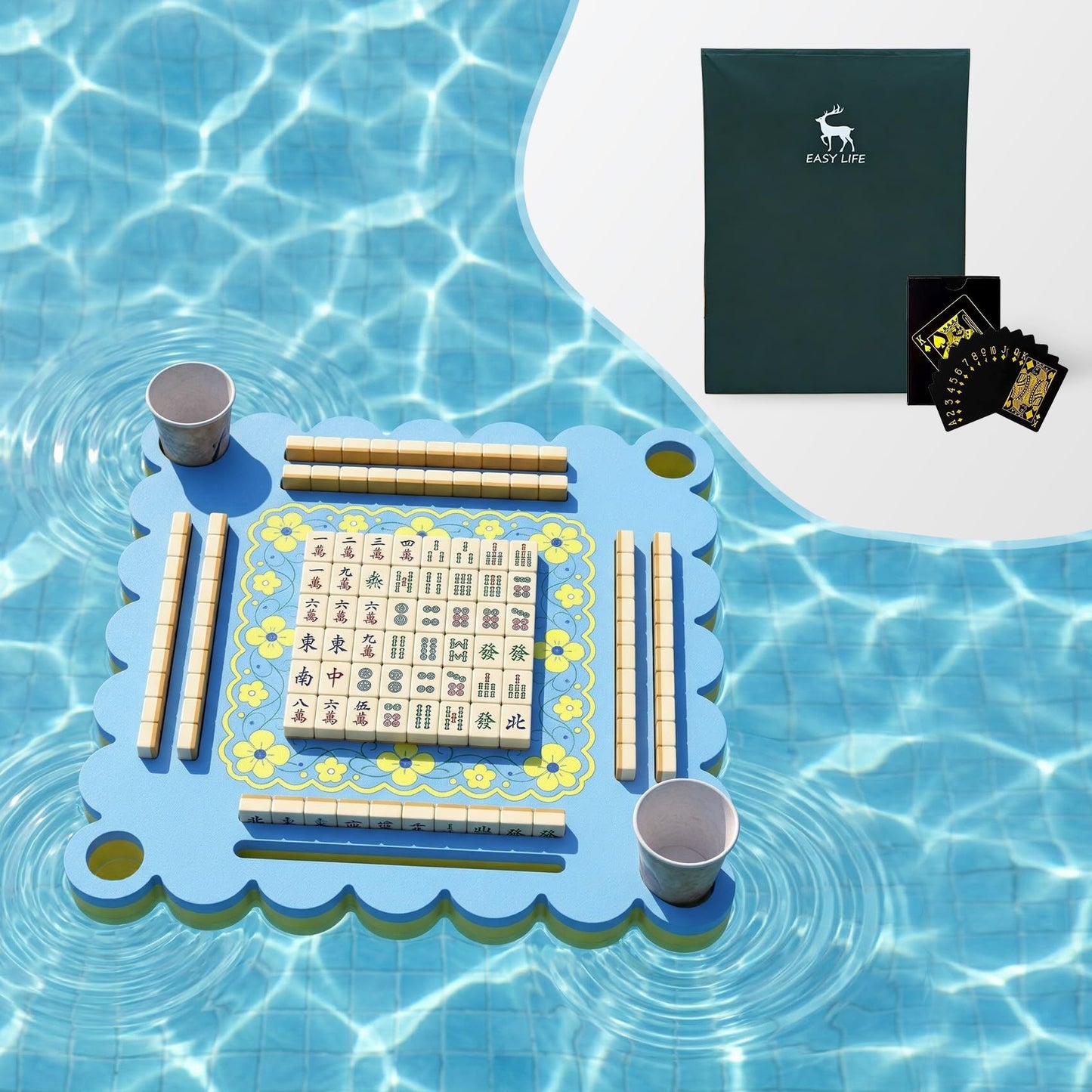 PCTOMU Floating Mahjong Table for Pool, Double Side Float Board with Playing Cards for Mahjong Poker Scrabble Dominoes Card Games Pool Mahjong