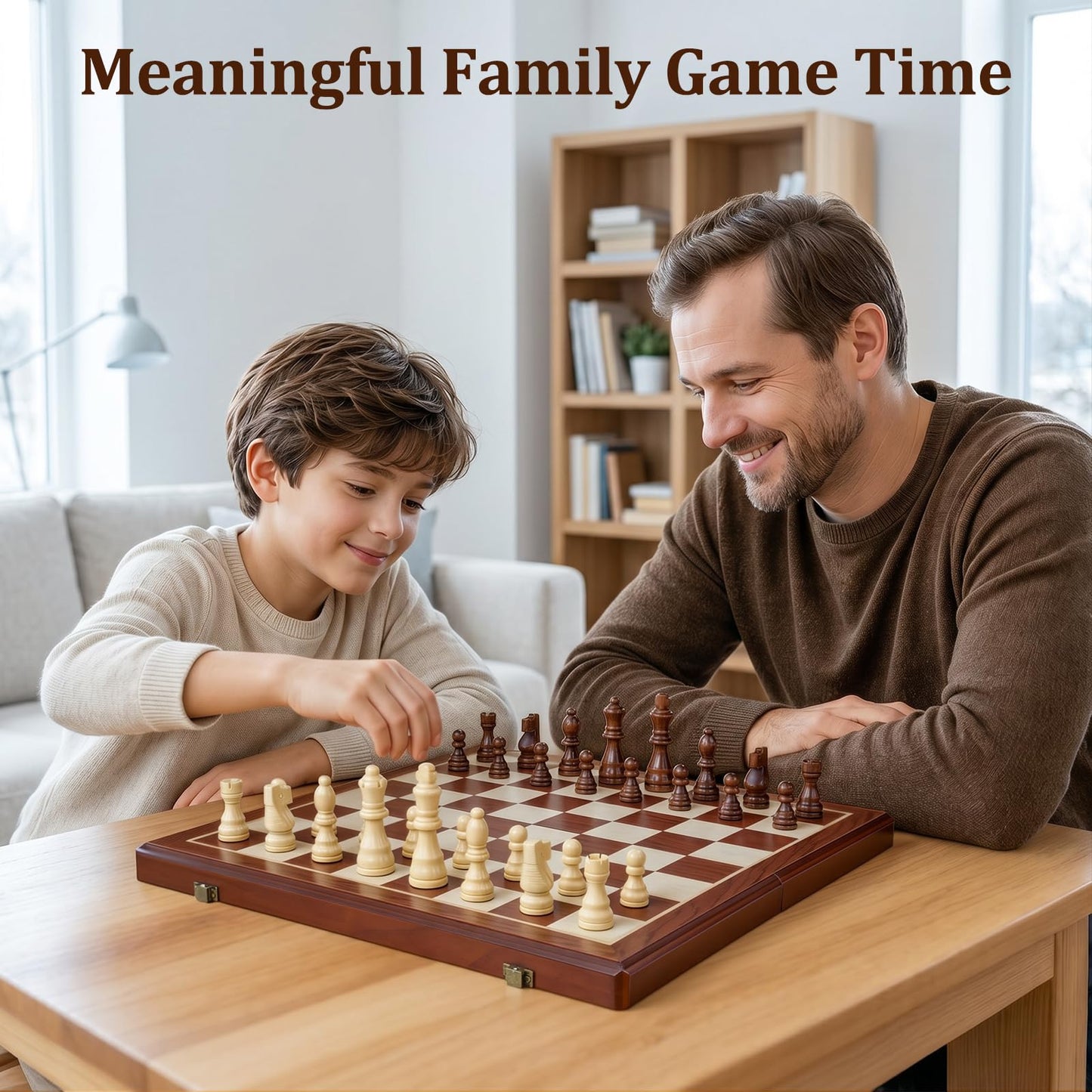 15.4" Magnetic Wooden Chess Set for Adults & Kids, Handcrafted Foldable Chess Board with Individual Storage Slots, 2 Extra Queens, Portable Travel