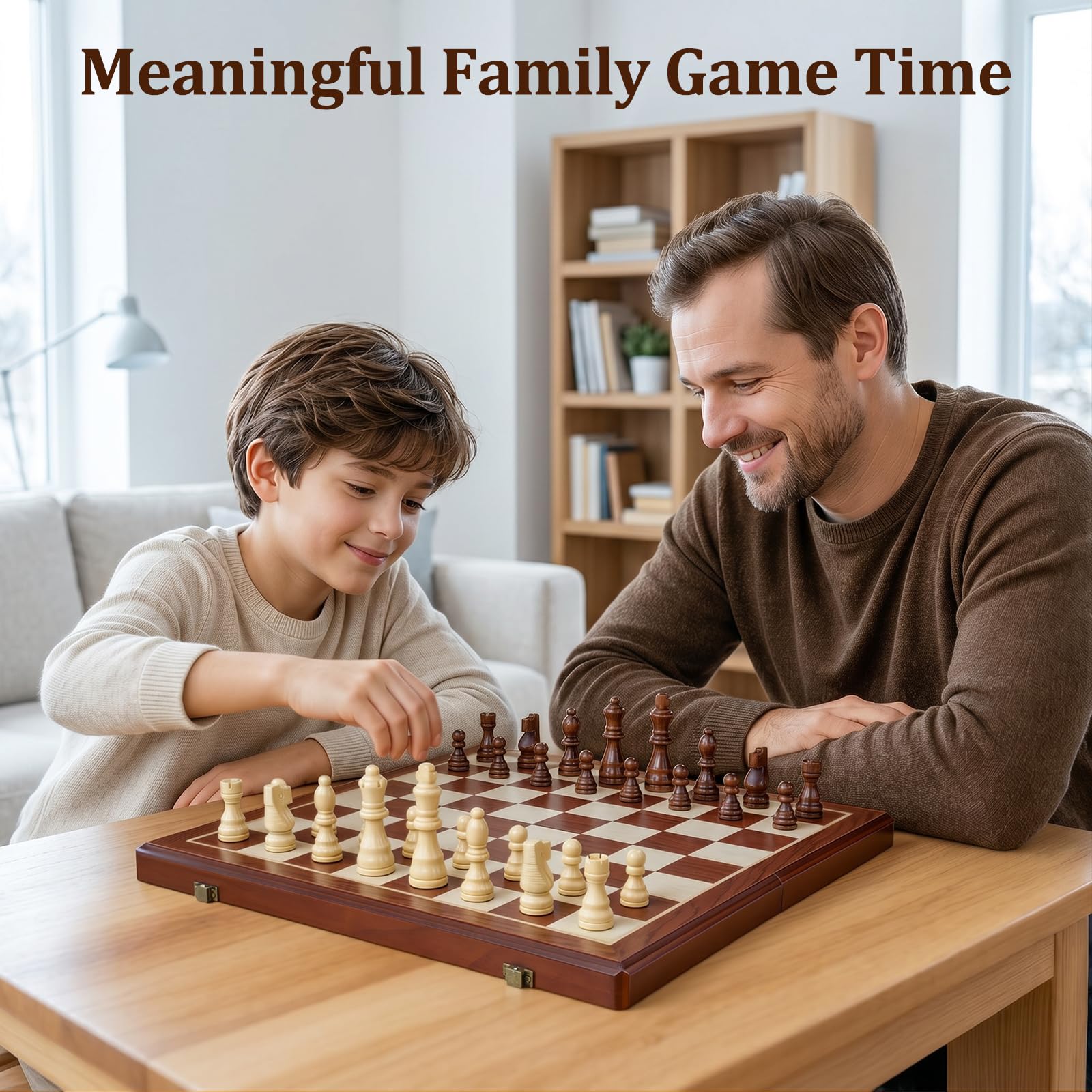 15.4" Magnetic Wooden Chess Set for Adults & Kids, Handcrafted Foldable Chess Board with Individual Storage Slots, 2 Extra Queens, Portable Travel
