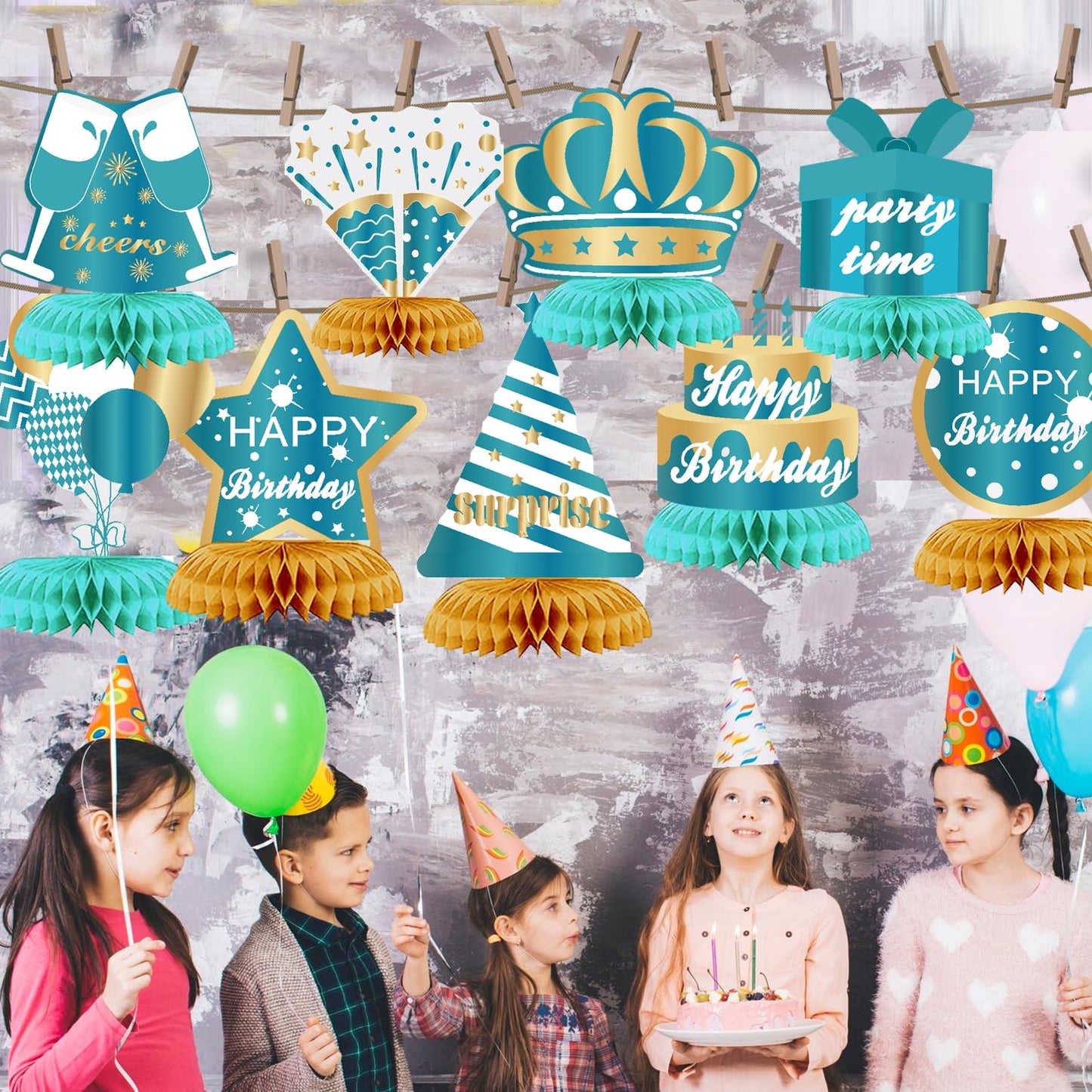 9PCS Lake Blue Gold Happy Birthday Decorations Honeycomb Centerpieces Happy Birthday Table Centerpieces Party Supplies 15th 16th 18th 21st 30th 40th